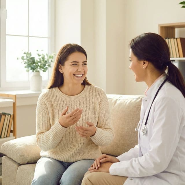 A patient speaking with her healthcare provider in a warm, comfortable setting